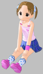 Rule 34 | 1girl, 3d, armlet, black eyes, blue dress, bow, brown hair, child, dress, eyebrows, full body, grey background, hands on own knees, ichigo mashimaro, matsuoka miu, pink footwear, shoes, short dress, short hair, simple background, sitting, skirt, socks, solo, thick eyebrows, twintails