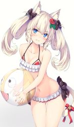 Rule 34 | 1girl, absurdres, animal ears, azur lane, ball, bare arms, bare shoulders, beachball, bell, bikini, black bow, blue eyes, blush, bow, breasts, cat ears, cat girl, cat tail, cleavage, closed mouth, collarbone, commentary request, fang, fang out, fingernails, flower, frilled bikini, frills, gradient background, grey background, hair between eyes, hair bow, hair flower, hair ornament, hammann (azur lane), hammann (rebellious summer) (azur lane), head tilt, highres, holding, jingle bell, long hair, mutsuki face (azur lane), nakazawa aki, navel, red bikini, red bow, red flower, red rose, rose, silver hair, small breasts, solo, standing, swimsuit, tail, tail bell, tail bow, tail ornament, transparent, twintails, white background