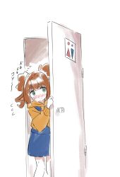 Rule 34 | 1girl, absurdres, bathroom, blue skirt, blush, brown hair, closed mouth, door, embarrassed, female focus, flying sweatdrops, green eyes, highres, idolmaster, long sleeves, looking at viewer, nose blush, skirt, solo, standing, takatsuki yayoi, tamura-chan, twintails