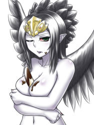 Rule 34 | 1girl, banana, between breasts, black hair, black wings, blush, body blush, breast hold, breasts, chocolate, chocolate on body, chocolate on breasts, collarbone, colored sclera, colored skin, covering privates, covering breasts, duel monster, emblem, fabled grimro, female focus, fingernails, food, food on body, fruit, green eyes, jewelry, large breasts, long fingernails, long hair, long image, looking at viewer, monster girl, multicolored eyes, nail polish, navel, nude, one eye closed, pataneet, pointy ears, red nails, red sclera, shiny skin, simple background, solo, tiara, tongue, upper body, white background, white skin, wings, wink, yu-gi-oh!, yu-gi-oh! duel monsters