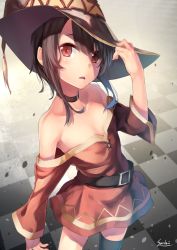 Rule 34 | 10s, 1girl, :o, arm at side, artist name, bare shoulders, belt, belt buckle, black thighhighs, blush, brown hair, brown hat, buckle, checkered floor, collar, collarbone, cowboy shot, dress, flat chest, hat, head tilt, highres, holding, holding clothes, holding hat, kono subarashii sekai ni shukufuku wo!, long sleeves, looking at viewer, megumin, off-shoulder dress, off shoulder, open mouth, red dress, saraki, short hair with long locks, sidelocks, single thighhigh, solo, standing, tassel, thighhighs, witch hat