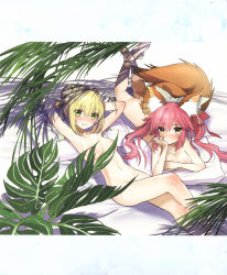 Rule 34 | 2girls, ahoge, animal ears, armpits, beach, blonde hair, blush, bow, breasts, censored, cleavage, completely nude, convenient censoring, covering privates, covering breasts, fate/extra, fate/extra ccc, fate (series), fox ears, fox girl, fox tail, green eyes, hair bow, hair bun, hair intakes, hair ribbon, head rest, highres, large breasts, long hair, looking at viewer, lying, multiple girls, navel, nero claudius (bride) (fate), nero claudius (fate), nero claudius (fate) (all), no bra, no panties, nude, official art, on stomach, open mouth, pink hair, ribbon, single hair bun, smile, sweat, tail, tamamo (fate), tamamo no mae (fate/extra), the pose, topless, twintails, wada arco, yellow eyes