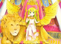 Rule 34 | 1girl, anklet, banner, barefoot, bracelet, crossed legs, crown, dress, artistic error, feet, full body, green eyes, green hair, hand on own cheek, hand on own face, jewelry, lion, looking at viewer, necklace, nipeira, original, pillar, sitting, solo, throne, toes, white dress, wings, wrong foot