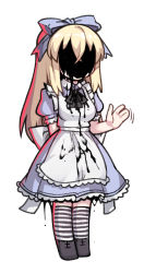 Rule 34 | 1girl, alice (black souls), apron, arm behind back, black bow, black footwear, black ribbon, black souls, blonde hair, blue dress, blue ribbon, bow, breasts, collared dress, crossed bangs, dress, faceless, faceless female, full body, hair ribbon, hole in face, long hair, medium breasts, motion lines, nyong nyong, puffy short sleeves, puffy sleeves, ribbon, short sleeves, simple background, solo, standing, striped clothes, striped thighhighs, thighhighs, waving, white apron, white background, zettai ryouiki