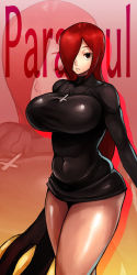 Rule 34 | 1girl, :&lt;, breasts, character name, covered navel, cowboy shot, cross, cross necklace, fukamichi ran&#039;ou, hair over one eye, half-closed eyes, highres, jewelry, krieg (skullgirls), large breasts, long hair, necklace, parasoul (skullgirls), red eyes, red hair, skirt, skullgirls, solo, sweater, thick thighs, thighs, turtleneck, turtleneck sweater