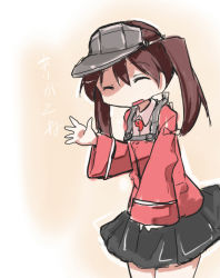 Rule 34 | 10s, 1girl, black skirt, brown hair, closed eyes, gradient background, kantai collection, long sleeves, magatama, maiku, open mouth, ryuujou (kancolle), simple background, sketch, skirt, smile, solo, translation request, twintails, visor cap, waving