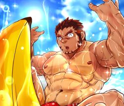 Rule 34 | 1boy, :o, ^ ^, abs, akashi (live a hero), bara, bulge, closed eyes, cowboy shot, doro rich, facial hair, goatee, hands up, happy, innertube, large pectorals, live a hero, long sideburns, male focus, male swimwear, muscular, muscular male, navel, navel hair, nipples, paid reward available, pectorals, red eyes, red hair, red male swimwear, scar, scar on face, scar on nose, short hair, sideburns, solo, stomach, swim briefs, swim ring, tan, thick eyebrows, topless male, w, wet