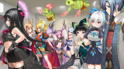Rule 34 | 1boy, 6+girls, :d, ahoge, animal ear fluff, animal ears, black gloves, black hair, black skirt, blonde hair, blue bow, blue eyes, blue hair, blush, bow, bowl, braid, ceiling light, colored skin, crop top, curled horns, demon girl, demon horns, dmm castle (oshiro project), edo (oshiro project), ethnea (sennen sensou aigis), flower on chest, flying turtle, fox ears, frilled shirt, frills, gloves, glowing headgear, green bow, hair between eyes, hair bow, hand fan, heart, heart ahoge, highres, holding, holding bowl, holding fan, holding glowstick, horns, idol, indoors, long skirt, looking at another, lord (oshiro project), miniskirt, monster musume td, multicolored hair, multiple girls, navel, official art, open mouth, oshiro project:re, pink hair, pink skin, platinum (monmusu td), pleated skirt, ponytail, purple eyes, red eyes, red skirt, second-party source, senko (oshiro project), sennen sensou aigis, shigisan (oshiro project), shirt, short shorts, shorts, single thighhigh, skirt, sleeveless, sleeveless shirt, smile, streaked hair, tassel, thighhighs, torii hair ornament, turtle, white gloves, white hair, wings, yakumo (oshiro project), yanagawa (oshiro project), zettai ryouiki