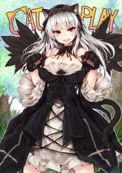 Rule 34 | 1girl, :d, animal ears, animal hands, bare shoulders, black wings, breasts, cat ears, cat paws, cat tail, dress, english text, feathers, flower, frills, gothic lolita, hairband, large breasts, lolita fashion, lolita hairband, long sleeves, looking at viewer, open mouth, paw pose, red eyes, rose, rozen maiden, silver hair, smile, solo, suigintou, tail, tousen, wings