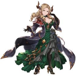 Rule 34 | 1girl, black gloves, black pantyhose, breasts, cape, choker, cleavage, dangle earrings, draph, dress, earrings, elbow gloves, gloves, granblue fantasy, green dress, high heels, jewelry, long dress, long sleeves, looking at viewer, maria theresa (granblue fantasy), minaba hideo, official art, pantyhose, pendant, robe, solo, star (symbol), transparent background
