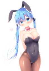 Rule 34 | 1girl, :&lt;, animal ears, arms behind back, black leotard, blue eyes, blue hair, blush, bow, bowtie, breasts, brown pantyhose, cameltoe, cleavage, cleft of venus, closed mouth, collar, commentary request, covered navel, cowboy shot, detached collar, fake animal ears, groin, hair between eyes, hair ornament, hairclip, heart, large breasts, leaning to the side, leotard, long hair, looking at viewer, pantyhose, playboy bunny, rabbit ears, rabbit tail, re:zero kara hajimeru isekai seikatsu, red bow, red bowtie, rem (re:zero), simple background, solo, strapless, strapless leotard, suzukawa yui, tail, twintails, very long hair, white background, white collar, x hair ornament