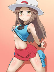Rule 34 | 1girl, arm support, awa, bare shoulders, blush, breasts, brown eyes, brown hair, clothes lift, creatures (company), game freak, hat, kneeling, leaf (pokemon), lifted by self, long hair, looking at viewer, medium breasts, miniskirt, navel, nintendo, pokemon, pokemon frlg, porkpie hat, red skirt, shirt, shirt lift, skirt, sleeveless, sleeveless shirt, solo, underboob
