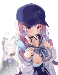 Rule 34 | 2girls, ?, alternate breast size, anchor symbol, arou (arrow x666), artist request, baseball cap, blue bow, blue bra, blue hair, blue headwear, blue nails, blue ribbon, blue sailor collar, blue skirt, blurry, blush, bow, bra, braid, breasts, character print, cleavage, closed mouth, coat, collarbone, colored inner hair, fingernails, frilled sailor collar, frills, hair ribbon, hat, highres, hololive, large breasts, light blue hair, long hair, long sleeves, looking at viewer, minato aqua, minato aqua (sailor), multicolored hair, multiple girls, murasaki shion, nail polish, neck ribbon, neko (minato aqua), nipple slip, nipples, open clothes, open shirt, purple eyes, purple hair, ribbon, sailor collar, shirt, simple background, skirt, sleeves past wrists, solo focus, streaked hair, twin braids, twintails, two-tone hair, unbuttoned, unbuttoned shirt, underwear, virtual youtuber, wavy mouth, white background, white bow, white coat, white shirt