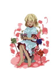Rule 34 | 1girl, barefoot, blonde hair, blush stickers, closed eyes, commentary request, ebisu eika, frilled shirt, frilled skirt, frilled sleeves, frills, holding, holding rock, kaigen 1025, long earlobes, long hair, open mouth, pinwheel, puffy short sleeves, puffy sleeves, rock, shirt, short sleeves, simple background, skirt, skirt set, smile, touhou, white background, white shirt