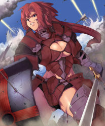 Rule 34 | 1girl, akinaie, armor, arrow (projectile), bikini armor, blood, breasts, cleavage, cuts, gauntlets, injury, large breasts, long hair, red hair, shield, solo, sword, weapon