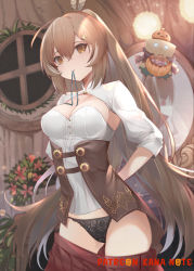 Rule 34 | 1girl, ahoge, arms behind back, artist name, backlighting, black panties, blush, breasts, brown eyes, brown hair, cleavage, clothes pull, corset, cowboy shot, floating, friend (nanashi mumei), gluteal fold, hair between eyes, hair ornament, hairclip, halloween, halloween bucket, high ponytail, hololive, hololive english, indoors, lace, lace panties, long hair, long sleeves, looking at viewer, medium breasts, mirror, mouth hold, mujinbensin, nanashi mumei, panties, ponytail, pumpkin, red skirt, reflection, resolution mismatch, shrug (clothing), skirt, skirt pull, smile, solo focus, source smaller, strapless, underbust, underwear, very long hair, virtual youtuber, window