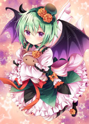 Rule 34 | 1girl, bandaged leg, bandages, blush, boots, bow, commentary request, demon girl, demon horns, demon wings, dress, flower, frilled dress, frilled sleeves, frills, green hair, green hat, hair between eyes, hairband, hat, hat flower, horns, jumping, layered sleeves, looking at viewer, nogi takayoshi, original, purple eyes, red ribbon, ribbon, sash, short hair, solo, star (symbol), stuffed animal, stuffed toy, teddy bear, top hat, wide sleeves, wings
