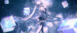 Rule 34 | 1girl, abstract background, aqua eyes, aqua hair, aqua necktie, bare shoulders, black skirt, black sleeves, black thighhighs, boots, bubble, commentary, cube, detached sleeves, feet out of frame, grey background, grey shirt, hair between eyes, hatsune miku, holding, holding microphone, long hair, looking at viewer, looking back, microphone, microphone stand, necktie, open mouth, pleated skirt, renren (pixiv22963369), shirt, signature, skirt, smile, solo, teeth, thigh boots, thighhighs, twintails, upper teeth only, very long hair, vocaloid