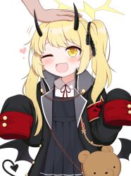 Rule 34 | 1girl, absurdres, animal bag, armband, bear bag, black horns, black jacket, black skirt, black wings, blackness (blackness661), blonde hair, blue archive, blush, collared shirt, commentary request, cowboy shot, demon tail, demon wings, facing viewer, halo, headpat, heart, highres, horns, ibuki (blue archive), jacket, looking up, low wings, one eye closed, open clothes, open jacket, open mouth, oversized clothes, pleated skirt, pointy ears, red armband, red ribbon, ribbon, sensei (blue archive), shirt, shirt tucked in, side ponytail, sidelocks, simple background, skirt, sleeves past fingers, sleeves past wrists, smile, solo, tail, very long sleeves, white background, wings, yellow eyes, yellow halo