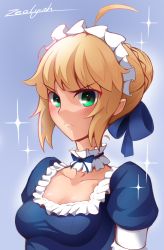 Rule 34 | 1girl, absurdres, ahoge, artoria pendragon (all), artoria pendragon (fate), blonde hair, blue background, blue dress, braid, breasts, cleavage, collarbone, dress, fate/grand order, fate (series), frown, gradient hair, green eyes, hair bun, hair ribbon, highres, long hair, looking at viewer, maid headdress, medium breasts, multicolored hair, neck garter, official alternate costume, puffy sleeves, ribbon, saber (fate), signature, simple background, single hair bun, solo, sparkle background, upper body, v-shaped eyebrows, zealyush
