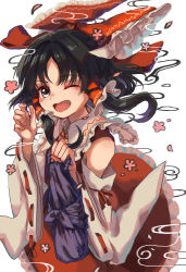 Rule 34 | 1girl, absurdres, ascot, bag, black eyes, black hair, bow, cowboy shot, detached sleeves, flower, frilled bow, frilled hair tubes, frilled shirt collar, frilled skirt, frills, hair bow, hair tubes, hakurei reimu, hands up, highres, holding, holding bag, long hair, looking at viewer, matsukuzu, one eye closed, open mouth, parted bangs, purple bag, red bow, red skirt, ribbon-trimmed sleeves, ribbon trim, skirt, smile, solo, touhou, white sleeves, yellow ascot