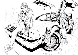 Rule 34 | 2boys, absurdres, back to the future, car, commentary request, delorean, dog, einstein (back to the future), emmett brown, facing viewer, full body, greyscale, gullwing doors, hand on own knee, highres, jacket, knee up, lineart, looking at viewer, male focus, marty mcfly, monochrome, motor vehicle, multiple boys, murata yuusuke, old, old man, on vehicle, pen, shoes, simple background, sitting, smile, sneakers, vehicle focus, vest, watch, white background, wristwatch