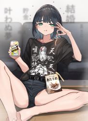 Rule 34 | 1girl, absurdres, beer can, belt, black hair, black shirt, black shorts, blunt bangs, blurry, can, commentary request, couch, douryou (buta5813), drink can, drunk, earrings, eating, eyebrows hidden by hair, flat chest, food in mouth, green eyes, highres, jewelry, medium hair, original, shirt, short shorts, shorts, solo, squeans, strong zero, t-shirt, tetto (onnoveltet), translation request