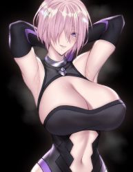 Rule 34 | 1girl, armpits, arms behind head, black background, breasts, cero rains, cleavage, clothing cutout, elbow gloves, fate/grand order, fate (series), gloves, hair over one eye, highres, huge breasts, leotard, mash kyrielight, navel, navel cutout, pink hair, purple eyes, smile