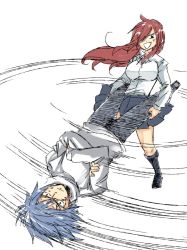 Rule 34 | 1boy, 1girl, blue hair, blush, boots, breasts, brown eyes, crossed arms, erza scarlet, fairy tail, full body, hair between eyes, hair over one eye, jellal fernandes, large breasts, long hair, mashima hiro, motion lines, official art, open mouth, pants, red hair, shirt, simple background, skirt, standing, sweat, swinging, white background