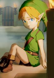 Rule 34 | 1boy, belt, blonde hair, brown belt, brown footwear, d:, fire, fire, gate, green headwear, green tunic, highres, link, male focus, nintendo, open mouth, parted bangs, pointy ears, psp26958748, shoes, short hair, short sleeves, shorts, sitting, solo, the legend of zelda, the legend of zelda: ocarina of time, young link