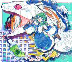 1girl :d bare_shoulders blue_necktie blue_skirt boots detached_sleeves frog frog_hair_ornament full_body gohei green_hair hair_ornament highres holding holding_gohei itomugi-kun kagome_(pattern) kochiya_sanae leaf long_hair long_sleeves looking_at_viewer necktie ofuda open_mouth sandals seigaiha shirt skirt sleeveless sleeveless_shirt smile snake snake_hair_ornament solo touhou umbrella white_shirt white_sleeves wide_sleeves