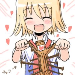 Rule 34 | 1girl, alice margatroid, blonde hair, bohemian archive in japanese red, female focus, lowres, parody, short hair, solo, touhou, translated, upper body, valentine, voodoo, voodoo doll, straw doll, white background
