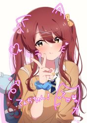Rule 34 | absurdres, arrow (symbol), bag, blush, bow, breasts, brown hair, cardigan, carrying bag, collared shirt, commentary request, debi tarou, drawn ears, drawn whiskers, gyaru, hair between eyes, hair bow, hair ornament, hairclip, heart, highres, idolmaster, idolmaster shiny colors, kogal, licking lips, long hair, looking at viewer, loose necktie, lying, medium breasts, multicolored nails, nail polish, necktie, on back, osaki tenka, over shoulder, reikakrzk, school bag, scrunchie, shirt, smile, strap slip, tongue, tongue out, translated, twintails, v, white shirt, wrist scrunchie, yellow cardigan, yellow eyes