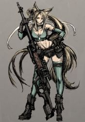 Rule 34 | 1girl, animal ears, blonde hair, boots, cutoffs, dog tags, dragunov svd, female focus, fox ears, fox tail, gloves, green thighhighs, gun, hair ribbon, highres, knife, long hair, looking at viewer, midriff, moto murabito, muzzle device, original, ponytail, ribbon, rifle, scope, simple background, sniper rifle, solo, standing, tail, tally, thigh strap, thighhighs, thumbhole stock, traditional media, twintails, weapon, yellow eyes