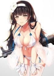 Rule 34 | 1girl, alternate costume, assault rifle, bare shoulders, bikini, black hair, blush, breasts, bridal gauntlets, bullpup, cameltoe, cleavage, closed mouth, collarbone, commentary request, flower, girls&#039; frontline, gloves, gradient background, gun, hair flower, hair ornament, hairband, halterneck, hazuki gyokuto, large breasts, leaning forward, long hair, looking at viewer, navel, qbz-95, rifle, shawl, side-tie bikini bottom, sidelocks, simple background, smile, solo, stomach, swimsuit, thighhighs, type 95 (girls&#039; frontline), type 95 (summer cicada) (girls&#039; frontline), very long hair, weapon, white bikini, white gloves, white hairband, white thighhighs, yellow eyes