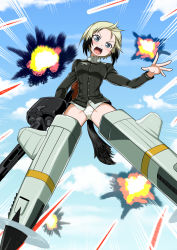 Rule 34 | 1girl, blonde hair, blue eyes, blush, breast pocket, breasts, cameltoe, crotch, cyber (cyber knight), dog tail, drum magazine, erica hartmann, explosion, flying, gun, highres, magazine (weapon), medium breasts, military, military uniform, no pants, open mouth, panties, pocket, rifle, shiny skin, short hair, sky, solo, spread legs, strike witches, striker unit, tail, teeth, underwear, uniform, upper teeth only, weapon, white panties, world witches series