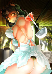 Rule 34 | 1girl, animal ears, apron, ass, back, back bow, bare arms, bare shoulders, bear ears, bear girl, bear tail, black eyes, black hair, bow, breasts, brown bear (kemono friends), cooking, covered erect nipples, cowboy shot, day, dekameron, extra ears, from behind, grey hair, hair between eyes, highres, holding, holding ladle, holding plate, kemono friends, kitchen, ladle, large breasts, looking at viewer, looking back, medium hair, multicolored hair, naked apron, outdoors, parted lips, plate, pot, sideboob, sidelocks, solo, stomach, tail, twisted torso, two-tone hair, white apron