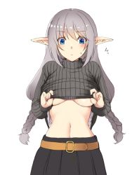 Rule 34 | 1girl, belt buckle, black skirt, blue eyes, blush, braid, breasts, buckle, clothes lift, eyebrows, focused, grey hair, grey sweater, hair between eyes, lifting own clothes, long hair, long sleeves, looking down, medium breasts, nakadori (movgnsk), navel, no bra, phantasy star, phantasy star online 2, pleated skirt, pointy ears, simple background, skirt, solo, stomach, sweat, sweater, sweater lift, turtleneck, twin braids, twintails, underboob, undershirt, undressing, upper body, white background
