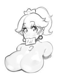 Rule 34 | 1girl, 4chan, bad id, breast focus, breasts, cropped torso, crown, drawfag, earrings, eyelashes, jewelry, large breasts, looking at viewer, mario (series), nintendo, nude, ponytail, princess, princess peach, short hair, simple background, sketch, solo, super mario bros. 1, upper body, white background