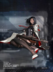 Rule 34 | 1girl, bag, black dress, black gloves, black hair, black pantyhose, breasts, character name, closed mouth, commentary, copyright name, dress, english commentary, expressionless, full body, girls&#039; frontline, gloves, gun, hair ornament, hairclip, handbag, high heels, jacket, jacket on shoulders, large breasts, long hair, looking at viewer, nishiro ryoujin, official art, pantyhose, pouch, qbu-191, qbu-191 (girls&#039; frontline), red eyes, red jacket, second-party source, sitting, solo, thigh pouch, torn clothes, torn pantyhose, two-sided fabric, two-sided jacket, very long hair, weapon, weapon bag, weapon case, white footwear, white jacket