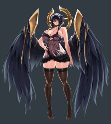 Rule 34 | 1girl, babydoll, bare arms, bare shoulders, black hair, black negligee, black wings, breasts, brown thighhighs, cleavage, collarbone, commentary request, dark areolae, frilled negligee, frills, full body, grey background, hair between eyes, hair over breasts, hand on own hip, highres, huge breasts, kloah, last origin, lingerie, long hair, looking at viewer, navel, negligee, official alternate costume, official art, purple eyes, revealing clothes, saraqael (last origin), sidelocks, simple background, skindentation, solo, thighhighs, thighs, underwear, wings