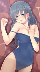 Rule 34 | 1girl, bad id, bad pixiv id, blue eyes, blue hair, blush, breasts, brick wall, cleavage, large breasts, long hair, matching hair/eyes, mole, mole under eye, one-piece swimsuit, open mouth, original, saemon (tonpura), smile, solo, strap slip, swimsuit, wet