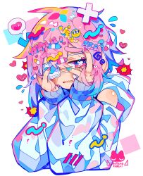 Rule 34 | 1boy, bandage on face, bandages, bite mark, commentary request, detached sleeves, emoji, eyepatch, fang, hands on own face, heart, highres, hood, hood down, hoodie, male focus, medical eyepatch, open mouth, original, pink eyes, pink hair, pleading face emoji, raito-kun (uenomigi), short hair, skin fang, solo, sweat, thick eyebrows, translation request, uenomigi, white hoodie, white sleeves