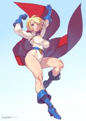 Rule 34 | 1girl, belt, blonde hair, blue eyes, boots, breasts, cape, day, dc comics, gloves, highleg, highleg leotard, highres, kotatsu (g-rough), leotard, muscular, muscular female, one eye closed, outdoors, power girl, smile, solo, superman (series), v-shaped eyebrows