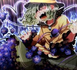 Rule 34 | 1girl, arms up, blue flower, blue rose, crazy eyes, crying, crying with eyes open, fangs, female focus, flower, green eyes, hat, heart, heart of string, komeiji koishi, open mouth, pote (aonibi kairou), pote (ptkan), rose, shirt, silver hair, skirt, solo, team shanghai alice, tears, third eye, touhou