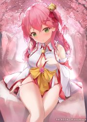 Rule 34 | 1girl, ahoge, bell, blush, breasts, cherry blossom print, cleavage, detached sleeves, floral print, green eyes, hair bell, hair between eyes, hair ornament, hairclip, hololive, long hair, looking at viewer, md5 mismatch, mujinbensin, one side up, open mouth, pink hair, resolution mismatch, sakura miko, sakura miko (1st costume), solo, source smaller, virtual youtuber, x hair ornament