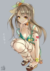 Rule 34 | 10s, 1girl, 2015, ankle lace-up, artist name, breasts, brown hair, choker, cross-laced footwear, dated, earrings, grey background, heart, heart earrings, heart tattoo, jewelry, long hair, looking at viewer, love live!, love live! school idol project, minami kotori, nail polish, natsuiro egao de 1 2 jump!, no socks, pisuke, sandals, side ponytail, signature, simple background, smile, solo, squatting, tattoo, toenail polish, toenails, yellow eyes