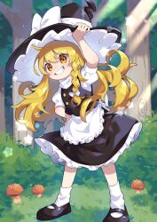 Rule 34 | 1girl, apron, black footwear, black hat, black skirt, black vest, blonde hair, bow, braid, commentary, fang, flat chest, forest, frilled apron, frilled hat, frilled skirt, frills, full body, grin, hair bow, hand on headwear, hand on own hip, hat, hat bow, highres, kirisame marisa, long hair, mary janes, mushroom, nature, outdoors, puffy short sleeves, puffy sleeves, shirt, shoes, short sleeves, single braid, skirt, smile, socks, solo, star (symbol), teru (245 neko), touhou, vest, waist apron, white apron, white bow, white shirt, white socks, witch hat