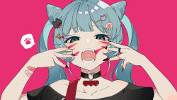 Rule 34 | 1girl, animal (vocaloid), aqua eyes, aqua hair, bandaid, bandaid on arm, bandaid on wrist, bare shoulders, black shirt, blunt bangs, bow, cat hair ornament, choker, cone hair bun, double bun, double w, drooling, facepaint, facial mark, fangs, fingernails, hair bow, hair bun, hair ornament, hatsune miku, heart, heart choker, heart in mouth, heart o-ring, highres, jewelry, long fingernails, middle w, multicolored eyes, multiple rings, nail art, off-shoulder shirt, off shoulder, official art, omutatsu, open mouth, paw hair ornament, pink background, ring, saliva, shirt, sidelocks, simple background, slit pupils, speech bubble, spoken paw, strap slip, twintails, vocaloid, w, w over face, whisker markings, whisker pose, yellow eyes