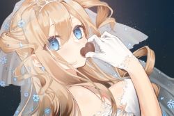 Rule 34 | 1girl, blonde hair, blue eyes, blush, breasts, chocolate, covered mouth, dress, food, girls&#039; frontline, gloves, hair between eyes, hair ornament, happy valentine, holding, holding chocolate, holding food, long hair, looking at viewer, medium breasts, official alternate costume, rabb horn, sideboob, snowflake hair ornament, solo, star (symbol), starry background, suomi (blissful mission) (girls&#039; frontline), suomi (girls&#039; frontline), upper body, valentine, white dress, white gloves